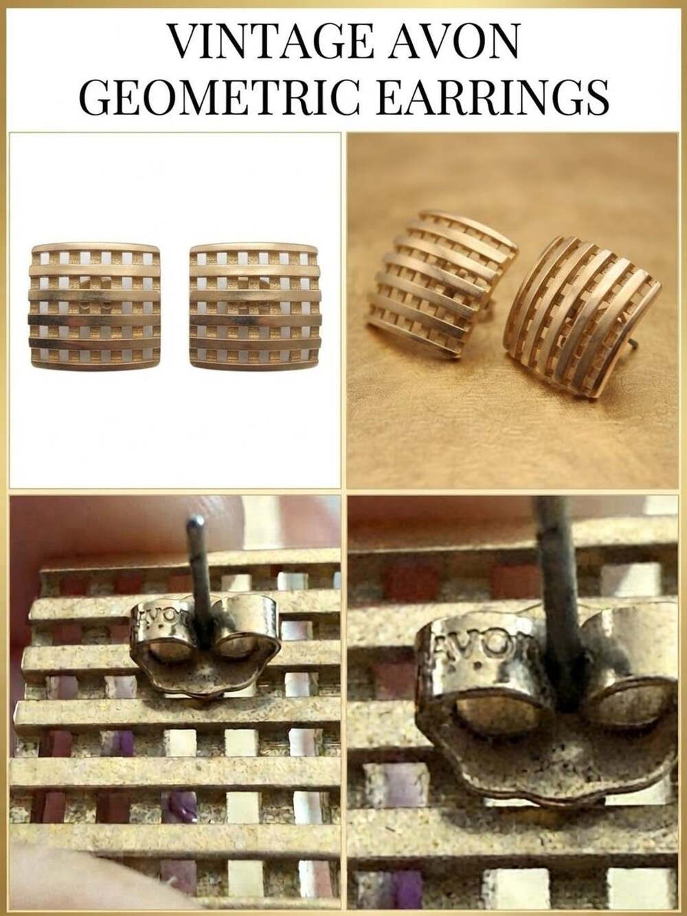 Avon Gold Tone Geometric Grid Pierced Stud Earrings vintage signed Avon